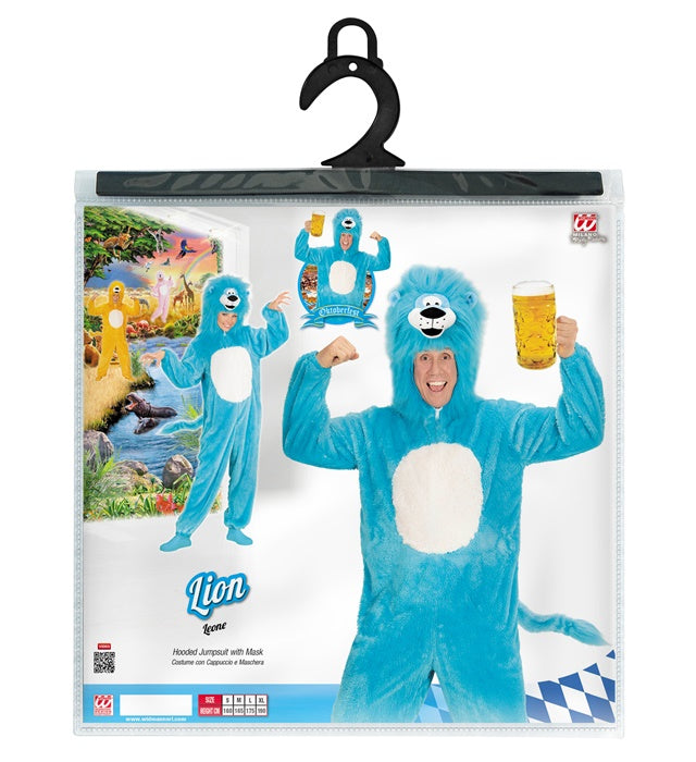 Hellblauer Löwen-Plüschoverall mit Kapuze und Löwenmähne