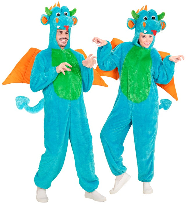 Weiches Drachen-Plüschkostüm mit Kapuze und Maske auf weissem Hintergrund