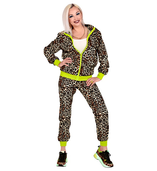 80er Jahre Leopard Trainingsanzug mit Oberteil und Hose im Retro Design