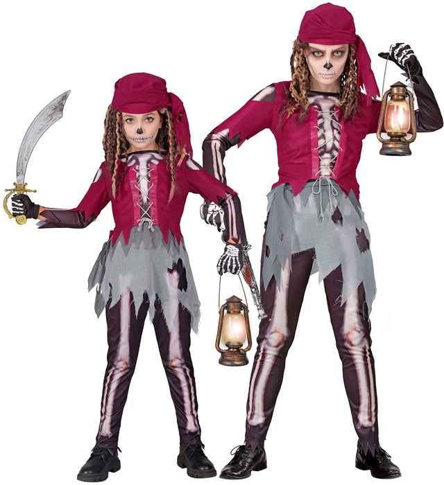 Piratenskelett Kostüm mit Hemd, Korsett, Rock, Leggings und Kopftuch