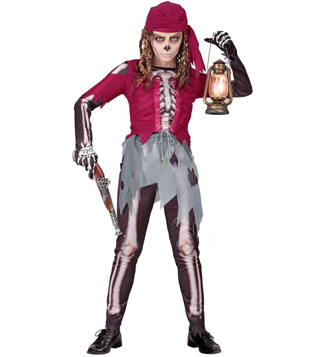 Piratenskelett Kostüm mit Hemd, Korsett, Rock, Leggings und Kopftuch