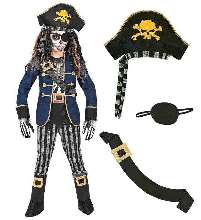 Skelett Piratenkapitän Kostüm mit Mantel, Hose, Piratenhut und Schwertscheide