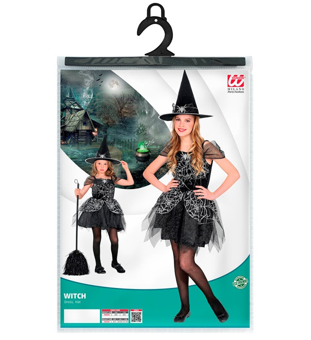 Hexen-Kostüm bestehend aus schwarzem Kleid und spitzem Hexenhut für Fasnacht