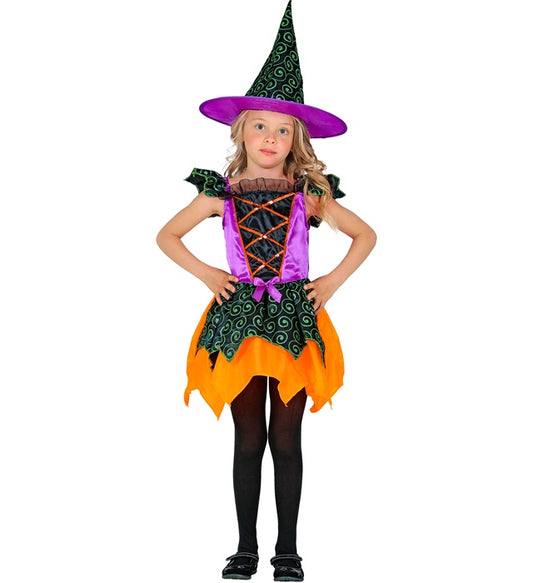 Hexen-Kostüm mit schwarzem Kleid und spitzem Hexenhut
