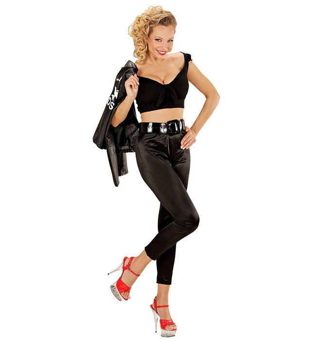 Greaser Girl Kostüm mit schwarzer Jacke und Leggings für Fasnacht