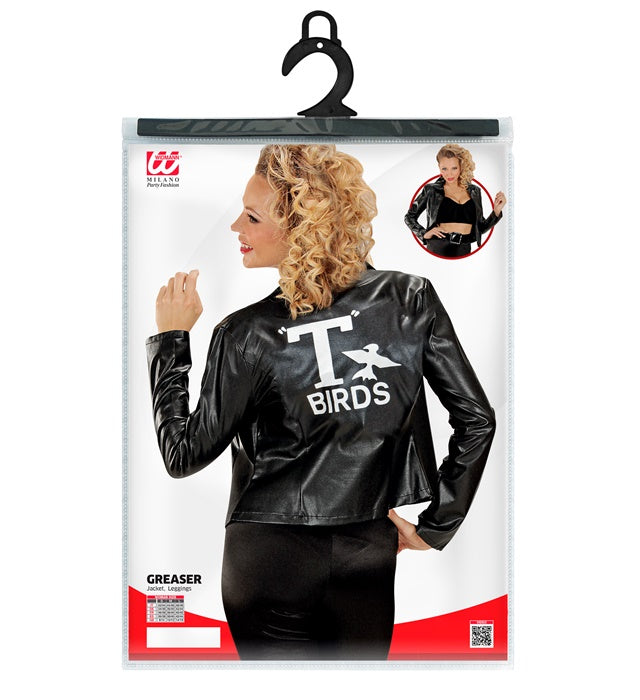 Greaser Girl Kostüm mit schwarzer Jacke und Leggings für Fasnacht