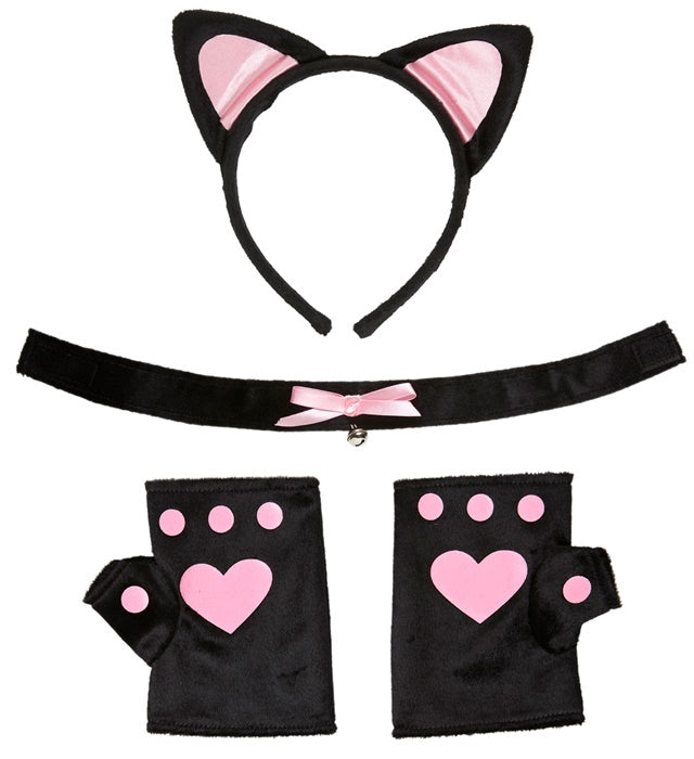 Rosa Katzen-Set mit Ohren, Halskette und Handschuhen auf weißem Hintergrund