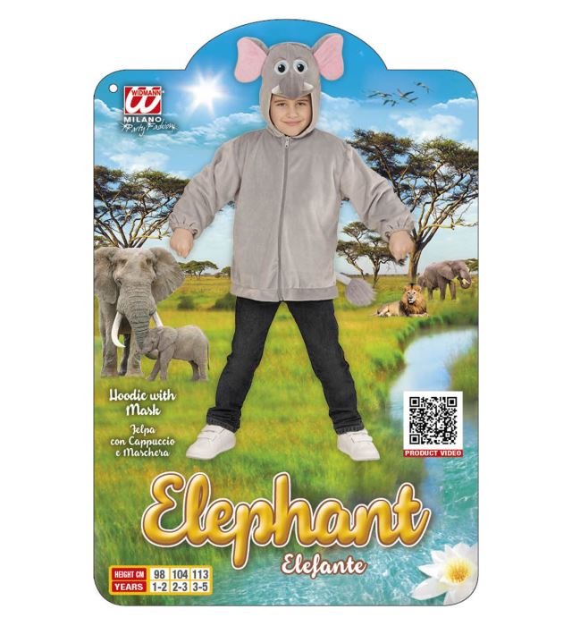Elefanten Plüschkostüm mit Kapuze und Maske auf weissem Hintergrund