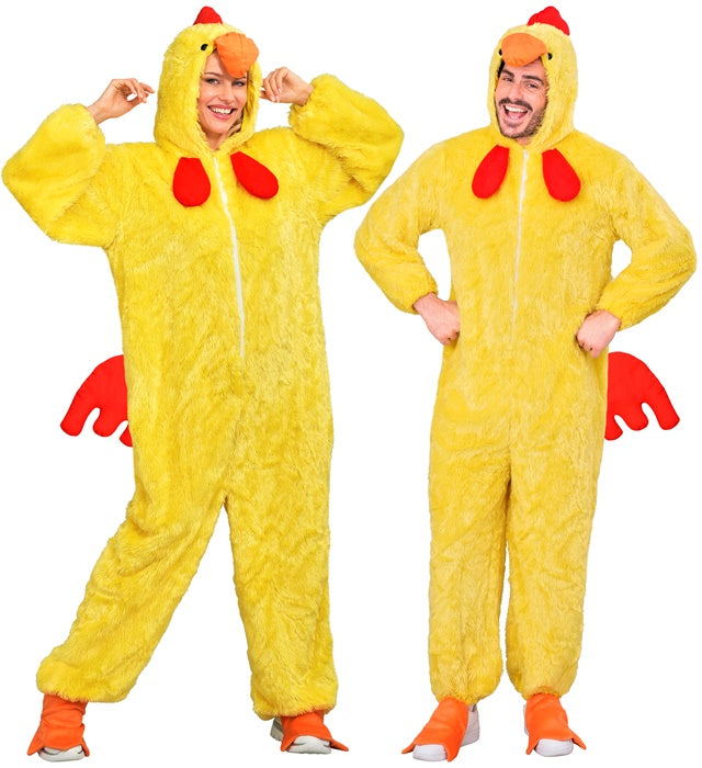 Extra weiches Huhn Plüschkostüm mit Kapuze auf weißem Hintergrund