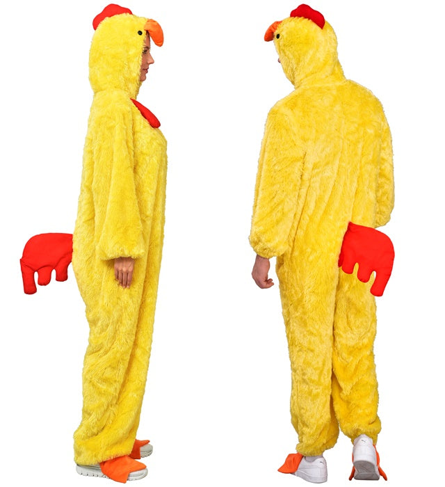 Extra weiches Huhn Plüschkostüm mit Kapuze auf weißem Hintergrund