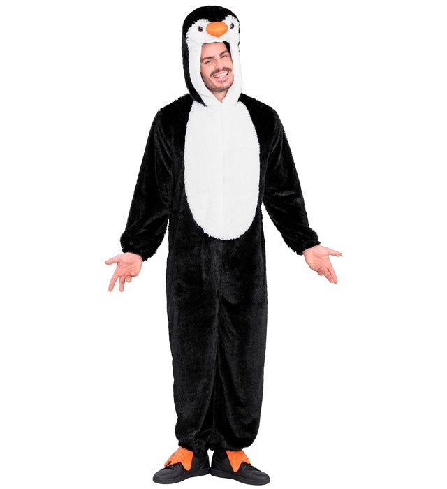 Extra weiches Pinguin Plüschkostüm mit Kapuze in schwarz-weiß für Fasnacht
