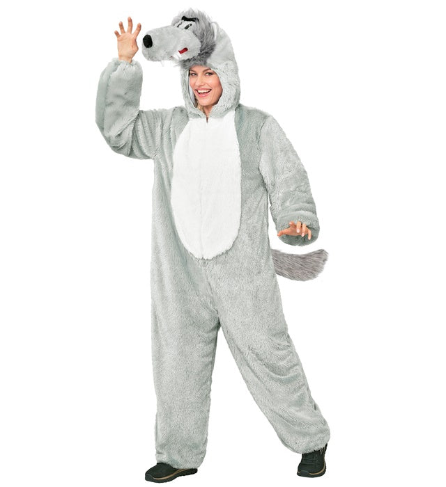 Weicher Wolfs-Plüschoverall mit Kapuze als Fasnachtskostüm