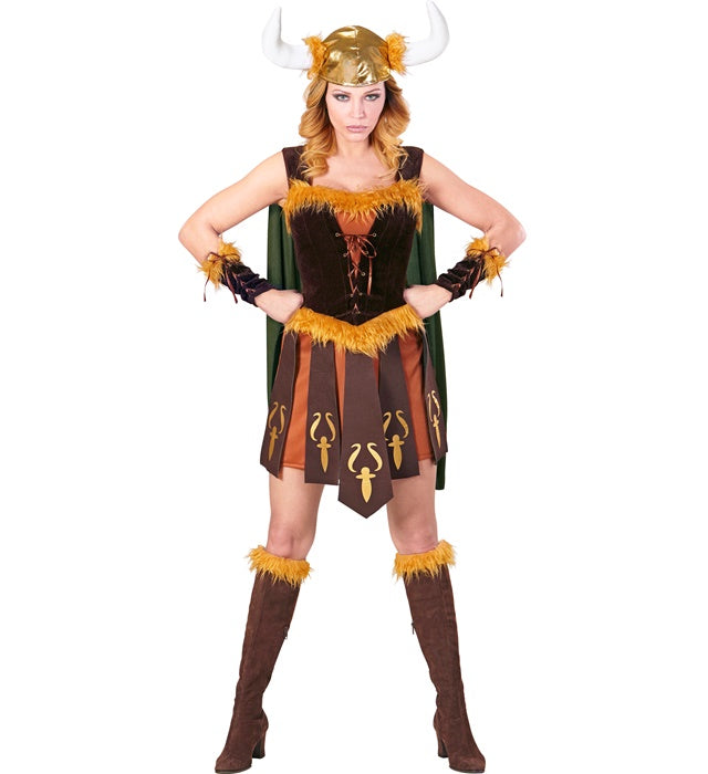 Wikingerin Kostüm mit Kleid, Umhang, Armstulpen und Helm auf weißem Hintergrund