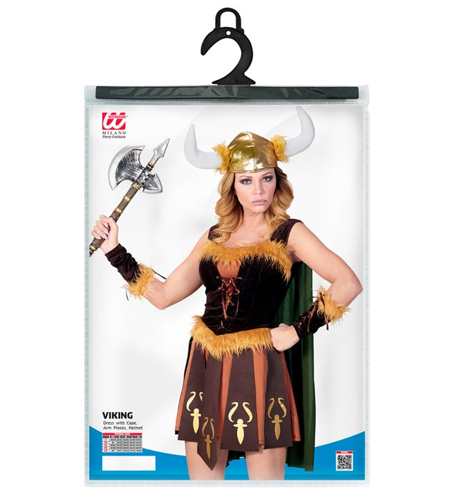 Wikingerin Kostüm mit Kleid, Umhang, Armstulpen und Helm auf weißem Hintergrund