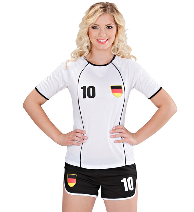 Fussballspielerin Deutschland Kostüm mit T-Shirt und Shorts in Schwarz, Rot und Gold