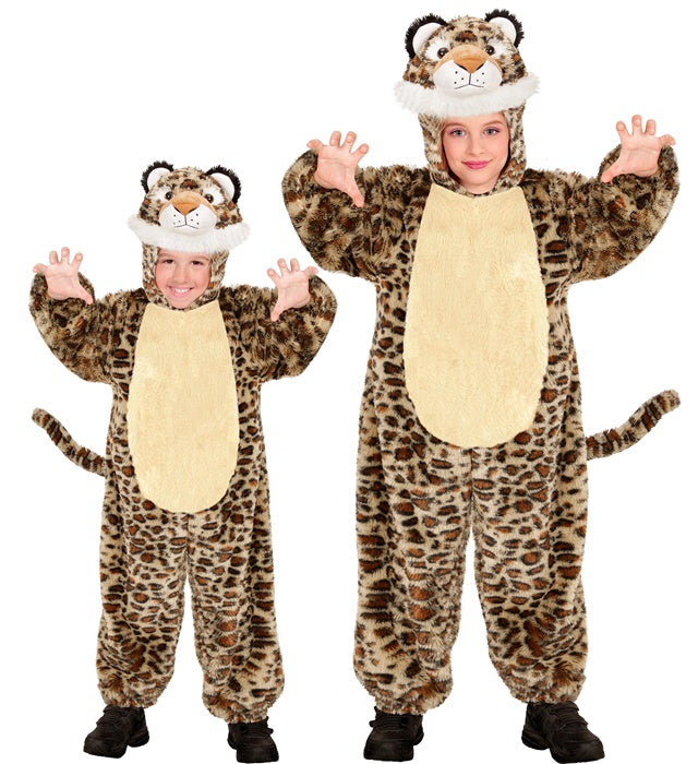 Leoparden Plüschkostüm Overall mit Kapuze und Maske in natürlichem Leopardenmuster