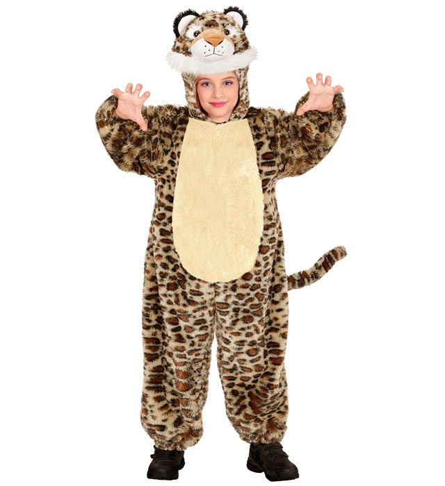 Leoparden Plüschkostüm Overall mit Kapuze und Maske in natürlichem Leopardenmuster