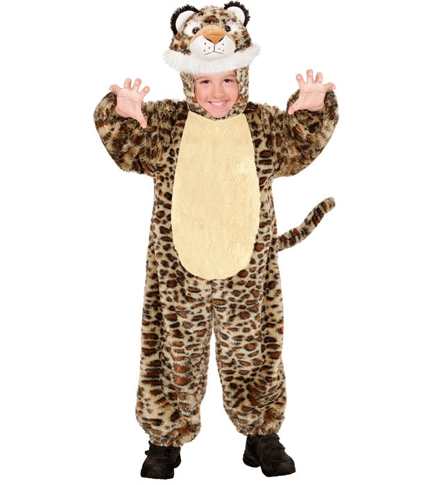 Leoparden Plüschkostüm Overall mit Kapuze und Maske in natürlichem Leopardenmuster