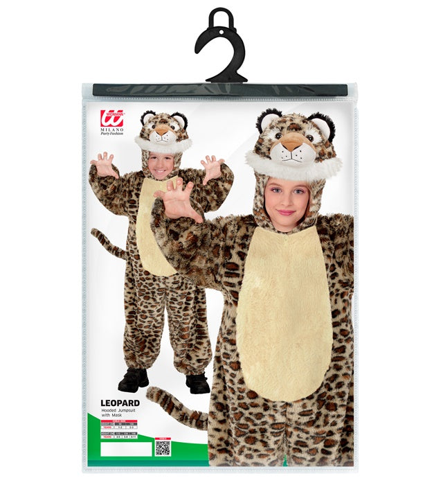 Leoparden Plüschkostüm Overall mit Kapuze und Maske in natürlichem Leopardenmuster