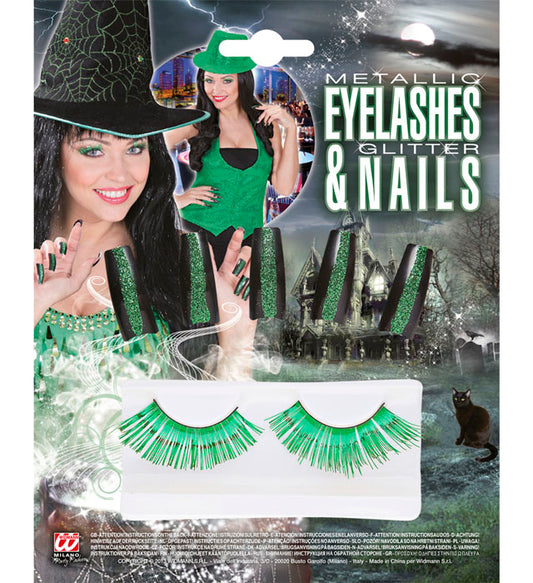 Set mit metallisierten Wimpern und grünen Nägeln als Halloween-Kostümzubehör