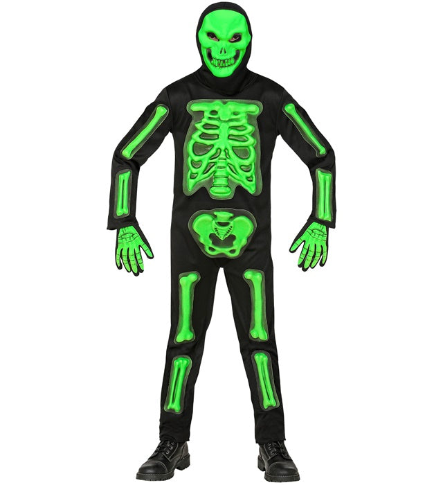 3D Skelett Kostüm mit Maske, Kapuze und Handschuhen auf schwarzem Hintergrund