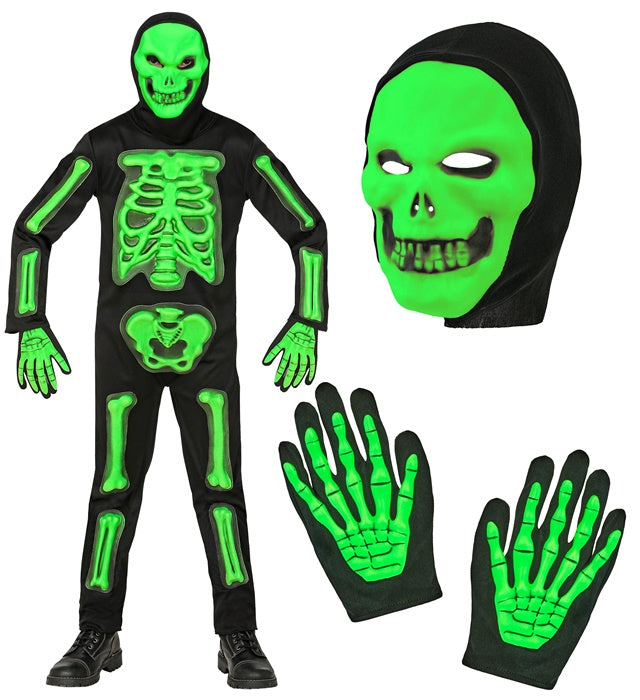 3D Skelett Kostüm mit Maske, Kapuze und Handschuhen auf schwarzem Hintergrund