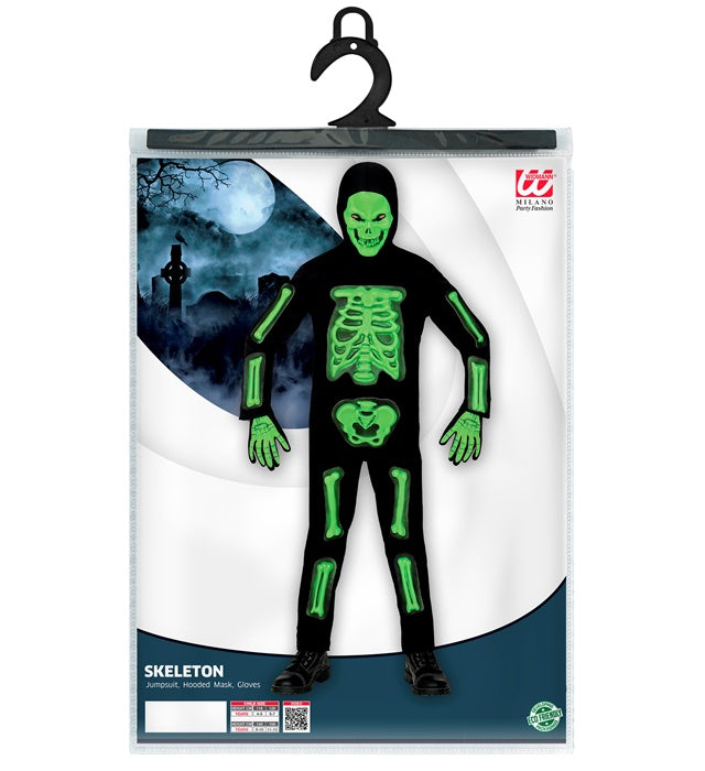 3D Skelett Kostüm mit Maske, Kapuze und Handschuhen auf schwarzem Hintergrund