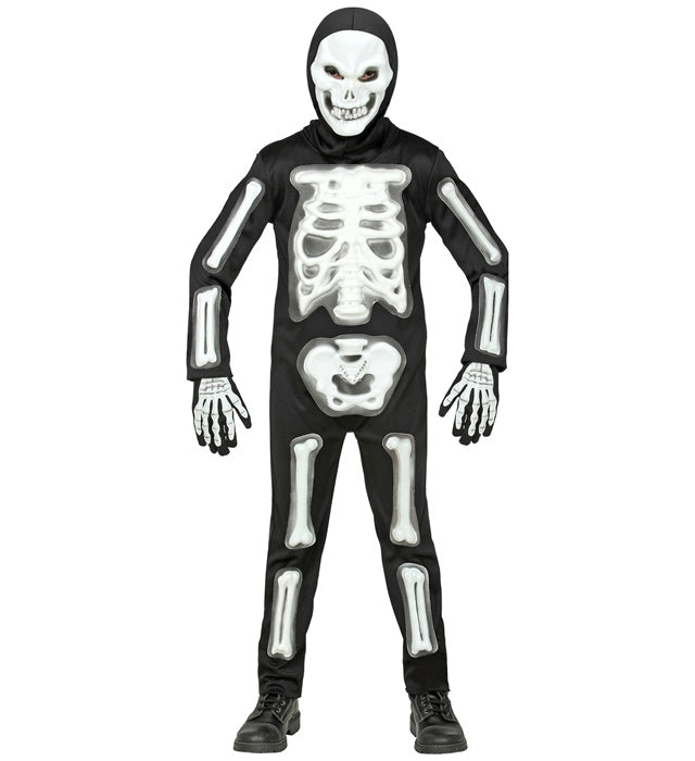 3D Skelett Kostüm mit Maske, Kapuze und Handschuhen für Fasnacht