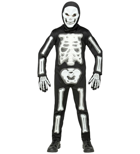 3D Skelett Kostüm mit Maske, Kapuze und Handschuhen für Fasnacht