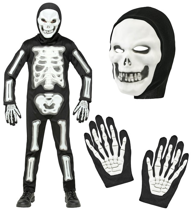3D Skelett Kostüm mit Maske, Kapuze und Handschuhen für Fasnacht