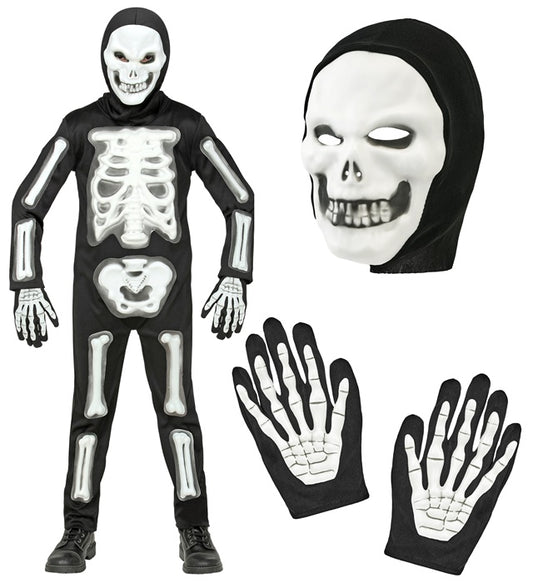 3D Skelett Kostüm mit Maske, Kapuze und Handschuhen für Fasnacht