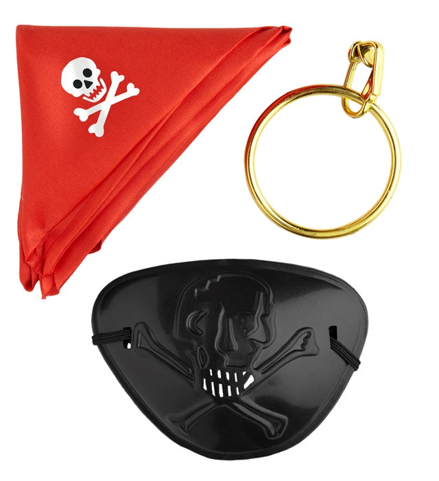 Piraten-Set mit rotem Bandana, schwarzer Augenklappe und goldenen Ohrringen
