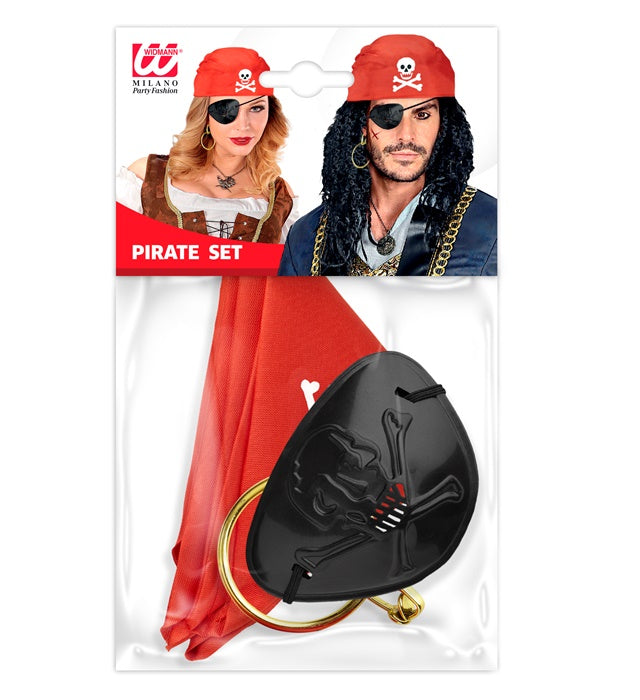 Piraten-Set mit rotem Bandana, schwarzer Augenklappe und goldenen Ohrringen