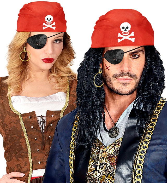 Piraten-Set mit rotem Bandana, schwarzer Augenklappe und goldenen Ohrringen