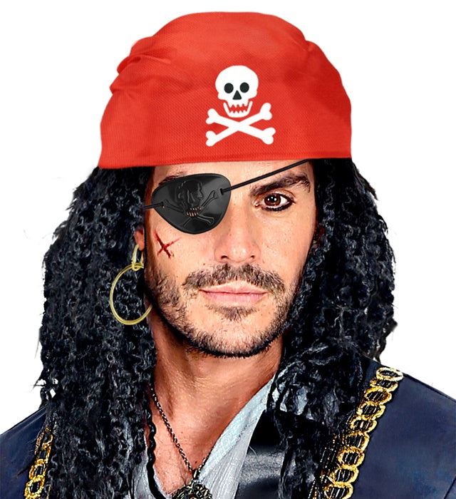 Piraten-Set mit rotem Bandana, schwarzer Augenklappe und goldenen Ohrringen