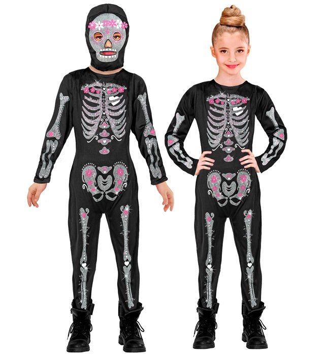 Skelett-Kostüm schwarzer Overall mit Kapuzen-Maske mit Totenkopf-Design
