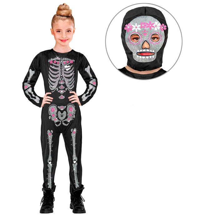 Skelett-Kostüm schwarzer Overall mit Kapuzen-Maske mit Totenkopf-Design