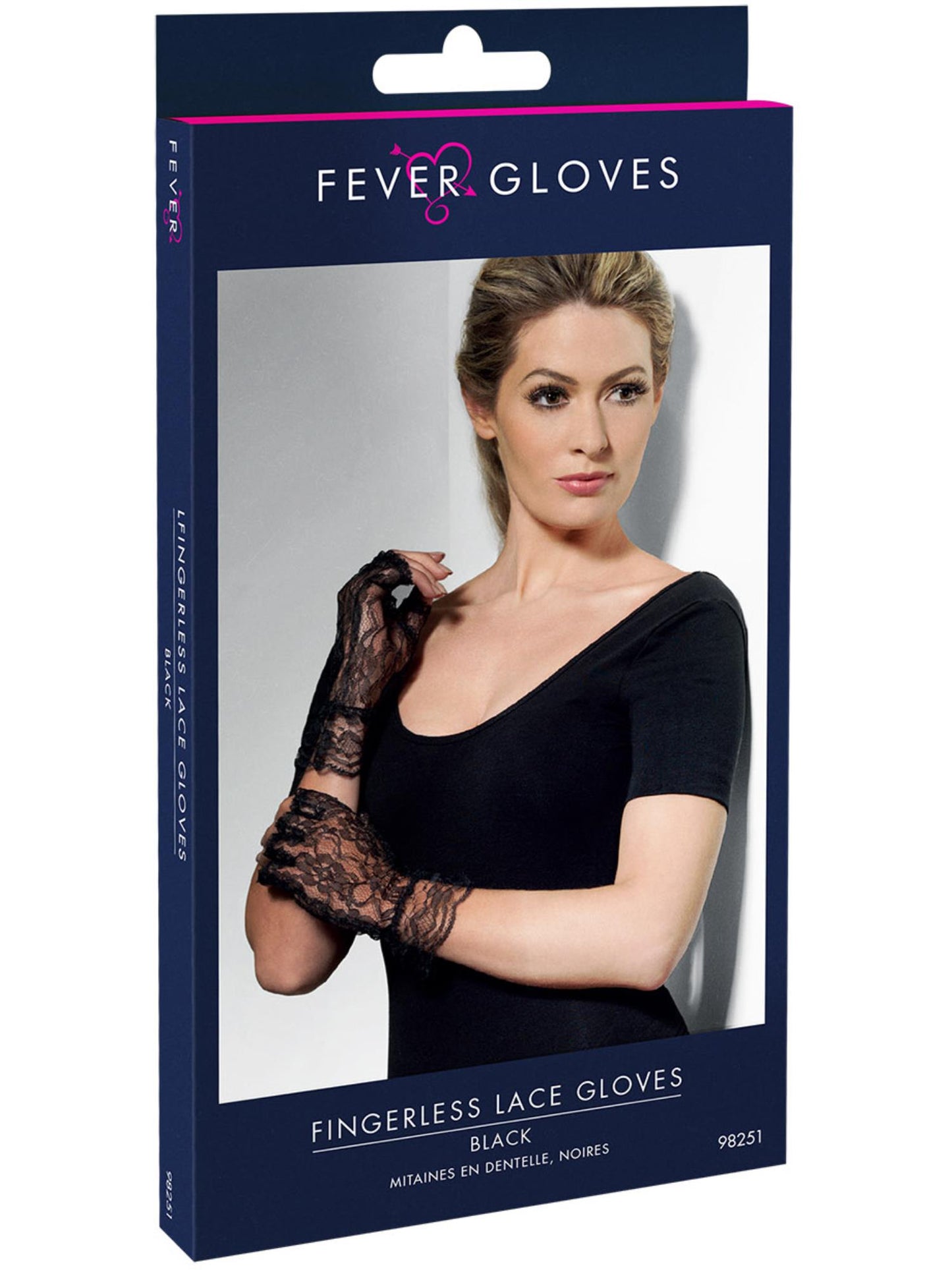 Smiffys FEVER Fingerless Lace Gloves, Black für Damen – Detailansicht