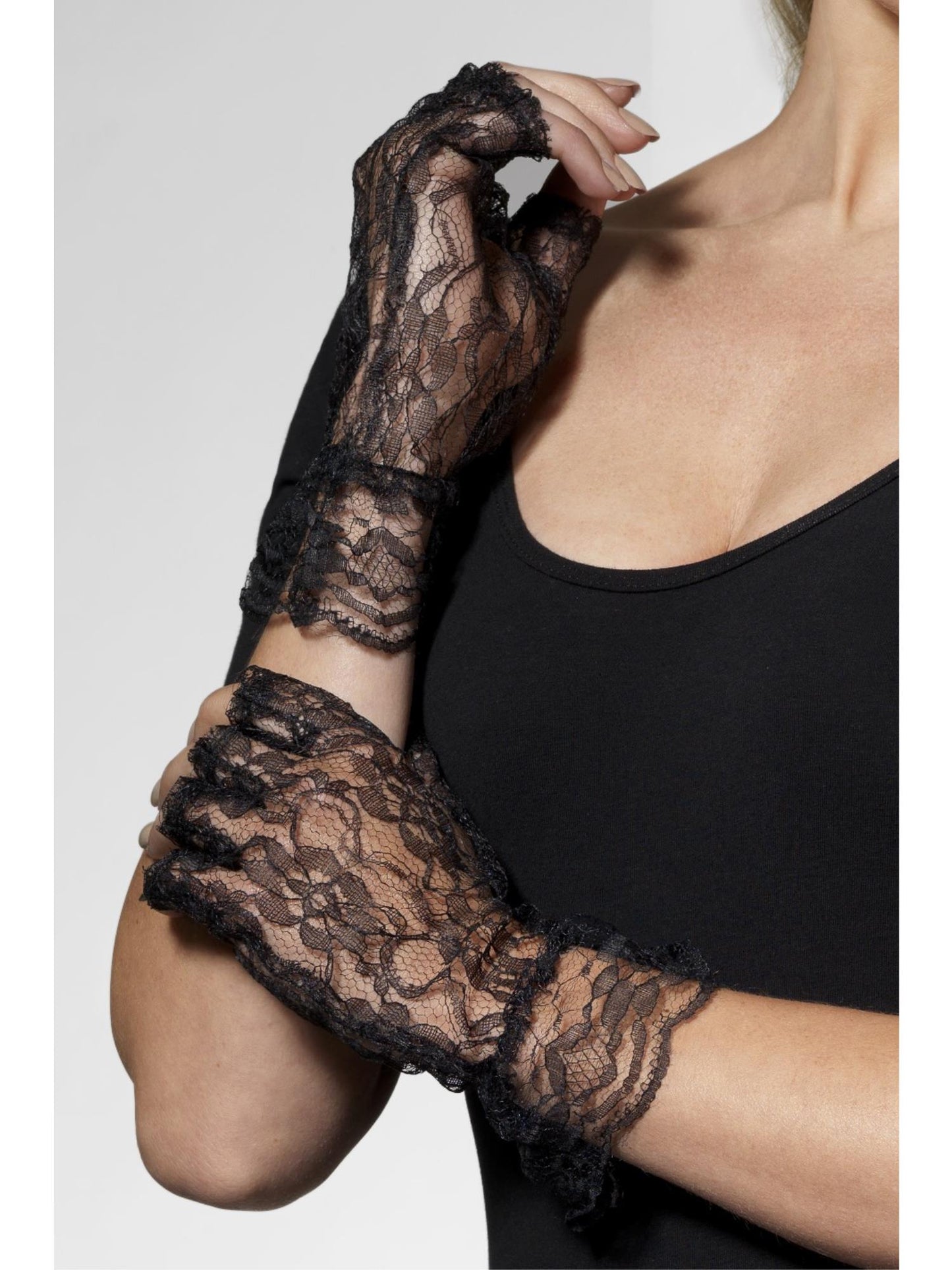 Smiffys FEVER Fingerless Lace Gloves, Black für Damen – Produktansicht
