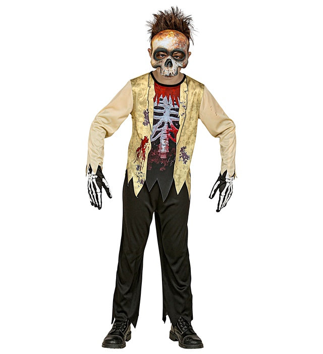 Zombie Skelett Kostüm Komplettset mit Maske, Oberteil und Hose auf schwarzem Hintergrund