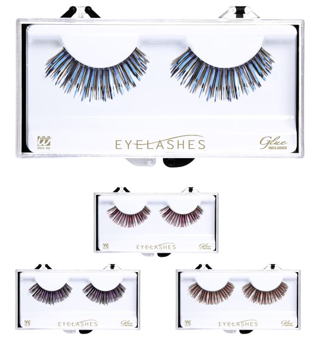 Bunte künstliche Wimpern in vier Farben mit Klebestoff in Glasflasche in Box