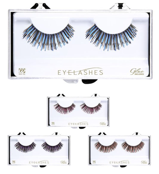 Bunte künstliche Wimpern in vier Farben mit Klebestoff in Glasflasche in Box