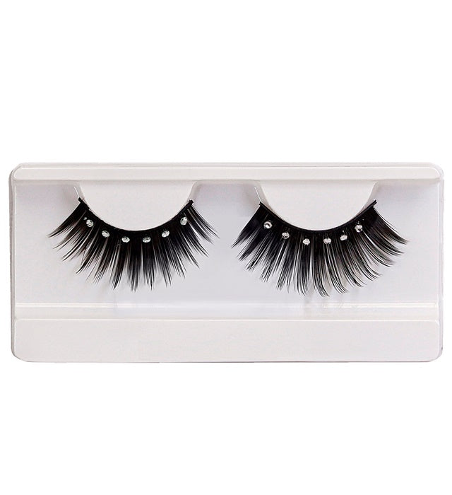 Schwarze Spitzen-Wimpern mit strahlenden Strass-Steinen und Klebstoffflasche