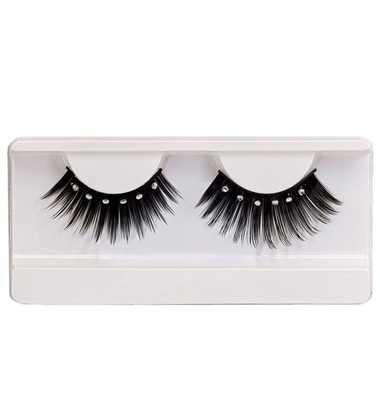 Schwarze Spitzen-Wimpern mit strahlenden Strass-Steinen und Klebstoffflasche