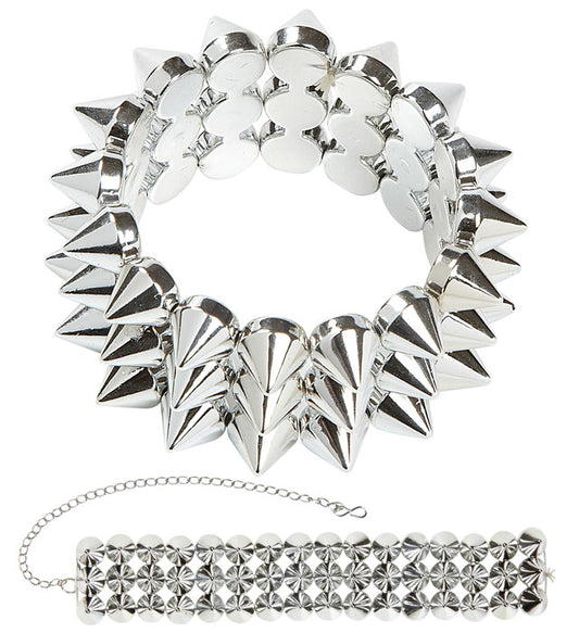 Halskette und Armband mit silberfarbenen Nieten als Fasnacht-Accessoire