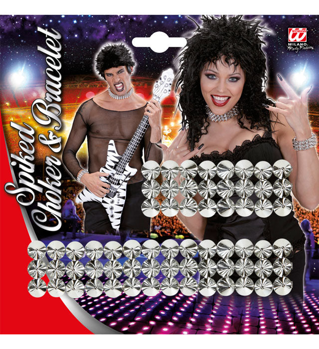 Halskette und Armband mit silberfarbenen Nieten als Fasnacht-Accessoire