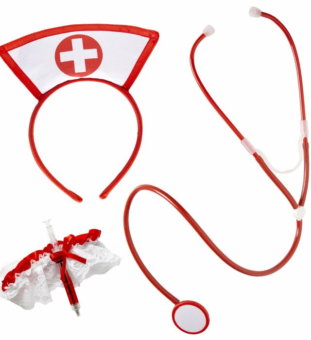 Krankenschwester-Set mit Haube, Stethoskop und Strumpfband für Fasnacht