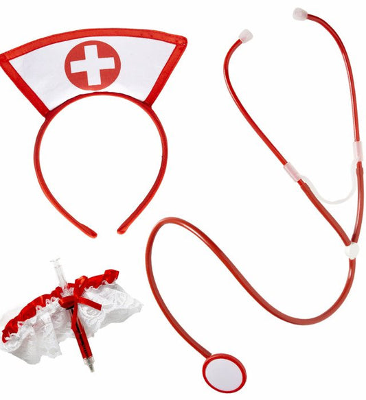 Krankenschwester-Set mit Haube, Stethoskop und Strumpfband für Fasnacht