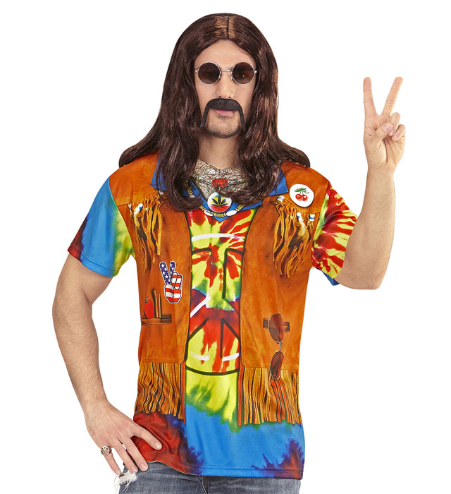 Buntes Hippie-T-Shirt mit psychedelischem Retro-Print für Fasnacht