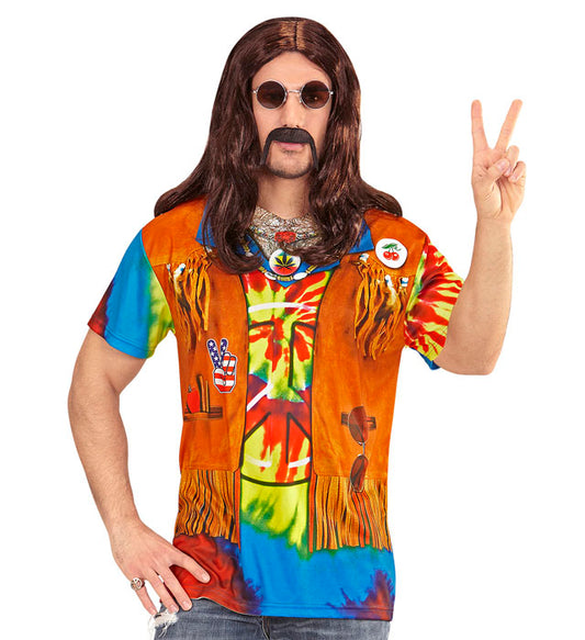 Buntes Hippie-T-Shirt mit psychedelischem Retro-Print für Fasnacht